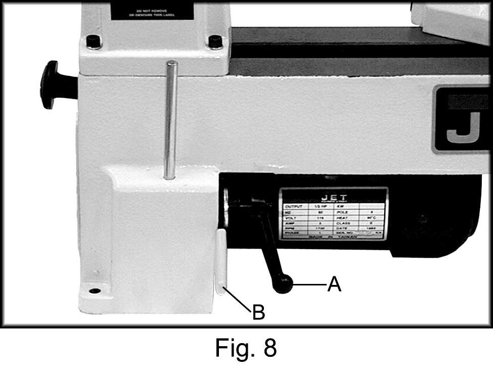 Open the access doors at the left side of the base (A, Fig. 6), and at the back side of the headstock (A, Fig. 7). 2. Loosen the motor plate lock handle (A, Fig. 8).