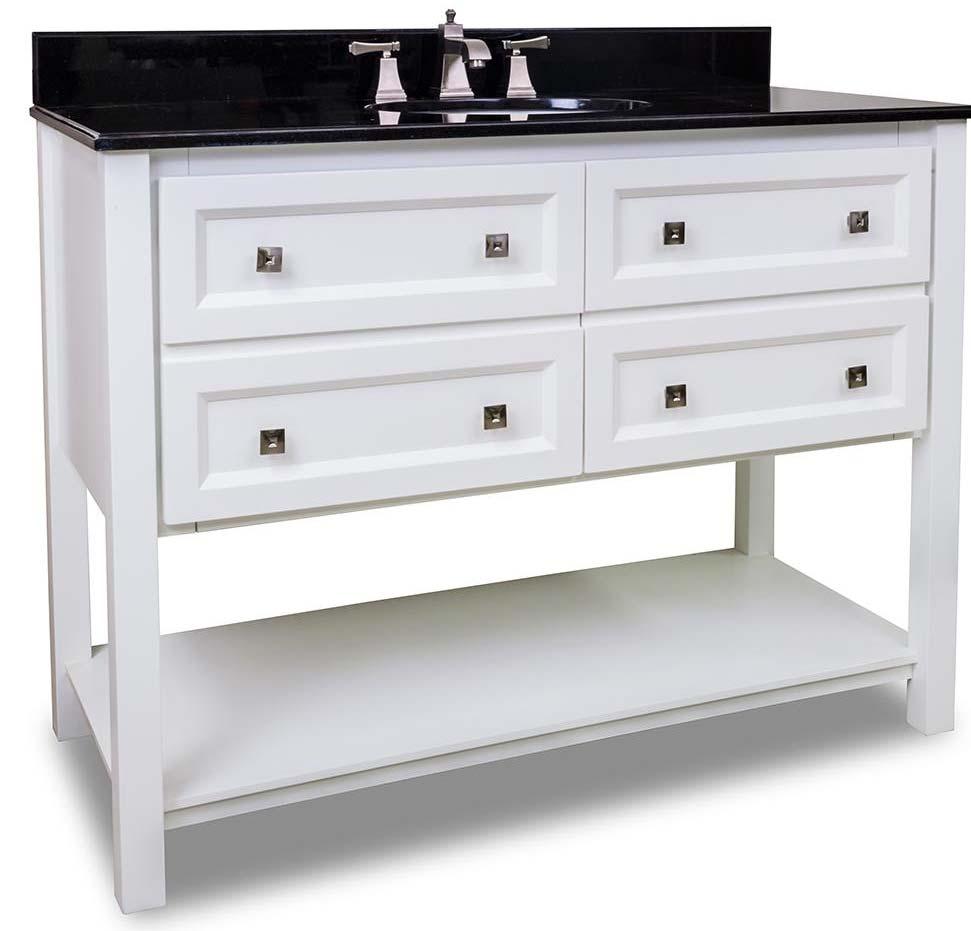 VAN066 48 T 48" Vanity $ 1,450.00 $ 1,145.00 This 48 Vanity features a contemporary design with clean lines, sleek White finish and complementary satin nickel hardware.