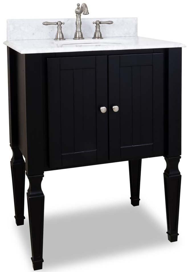 The clean lines and black finish complement the white preinstalled marble top. A large cabinet provides ample storage.