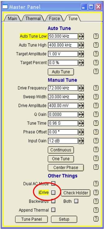 The Auto Tune Low parameter will decrease to 5 khz so that the resonance of the ARiDrive-N01 cantilevers, which is approximately 6-10 khz, will be within the range for the Auto Tune function.