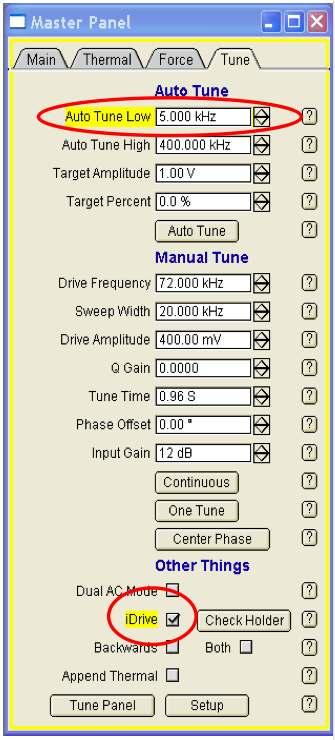 Confirm that the software-selected Drive Frequency is between 6-10 khz and that the Free Amplitude in the Sum and Deflection Meter Window is 1V. Return to the Main Panel.