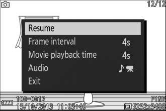 The following operations can be performed while a slide show is in progress: To Use Description Skip back/skip ahead The options shown at right are displayed when the show ends.