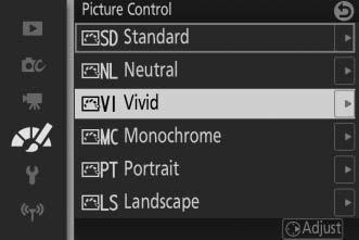 Picture Control Choose how the camera processes photographs. Q Standard R Neutral S Vivid T Monochrome e Portrait f Landscape Standard processing for balanced results. Recommended in most situations.