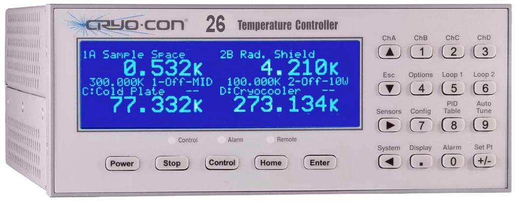 Front Panel Operation Front Panel Operation The user interface of the Model 26 Cryogenic Temperature Controller consists of a 40 character by eight line TFT LCD and a keypad.
