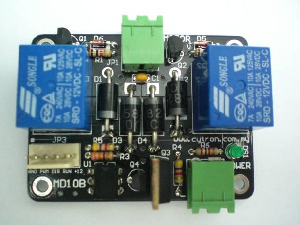 The most common and popular motor driver is MD10B. Using relays and power MOSFET, this motor driver could be used to drive brush motor up to 10A. These include Stop, Start and also Brake on motor.