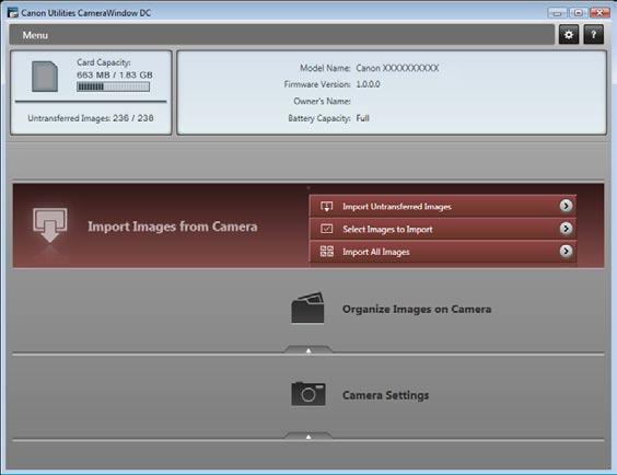 4 Click [Import Images from Camera], and then click [Import Untransferred Images]. Only images that have not yet been transferred will start to transfer.