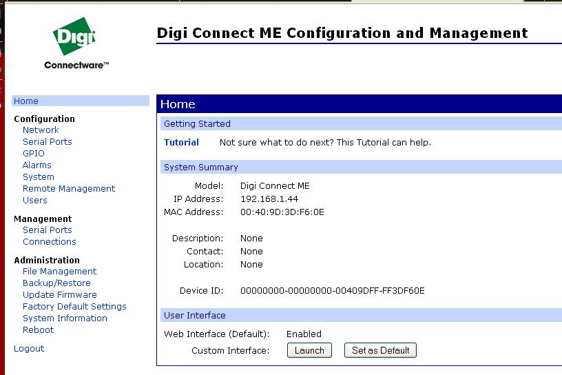 The Digi Connect ME Configuration and Management home page will be displayed (Figure 2). Figure 2: Configuration Home page From the home page select Serial Ports on the left hand side.