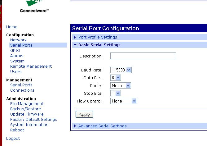 Figure 4: Baud rate settings Click on apply after changing the baud rate. Select Logout from the bottom of the left hand column. After logging out power cycle the instrument.