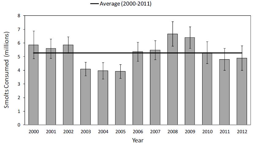 Figure 6. Estimated total annual consumption of juvenile salmonids by Caspian terns nesting on East Sand Island in the Columbia River estuary during the 2000 2012 breeding seasons (Roby et al. 2013).
