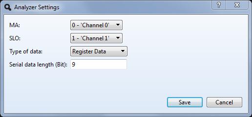 Rev A3, Page 4/7 Analyzer Settings for register data communication The analyzer settings window opens and needs the following setting: Which logic analyzer channels capture the