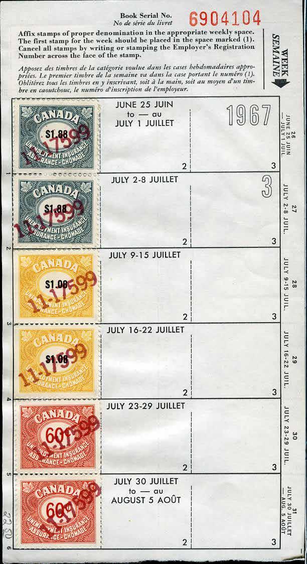 Each stamp has been cancelled with the employer number as required by law.