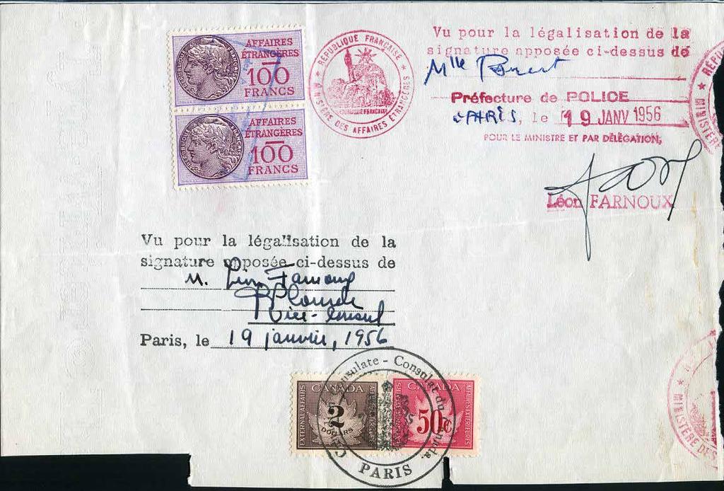 1956 legalisation document (partial) with Canadian & French revenue stamps affixed. Signatures of the Canadian Vice Consul in Paris as well as the Paris Police prefect.