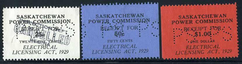 1929 Saskatchewan Electrical Inspection stamps. The complete set of SE6-8 - 25c - $1. Each with P S perfins - IT10#17 - $12 1897 Queen Victoria Gas Inspection.