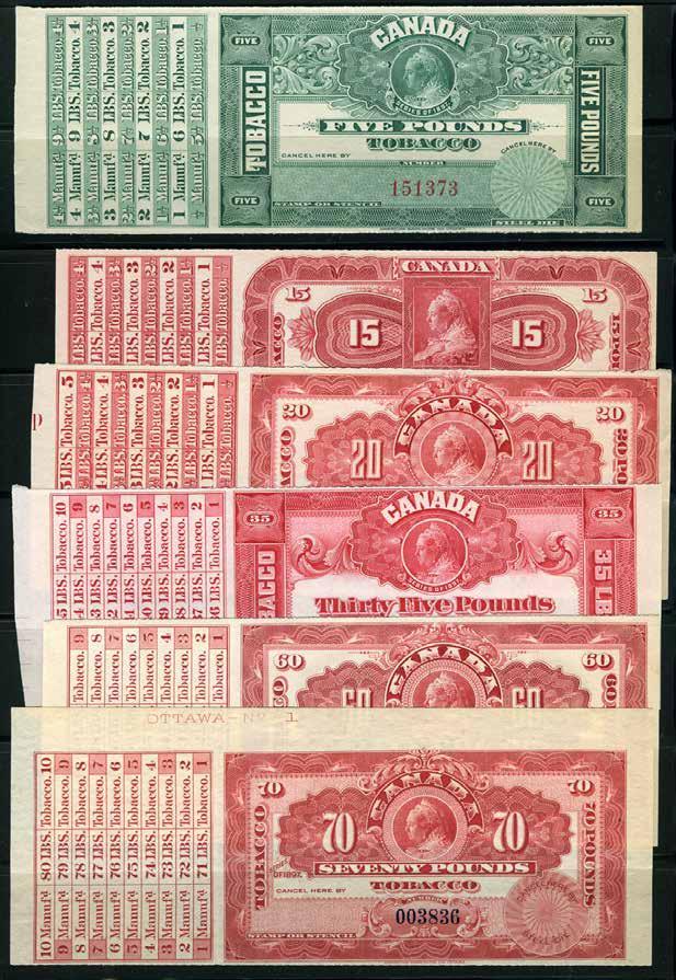 4 page Canada 1883, 1897 Tobacco collection 24 different spectacularly engraved by the British American Banknote Co (1883 issue) & American Banknote Co. (1897 issue).