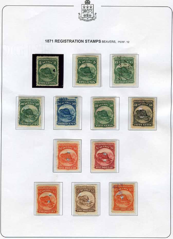 Quebec 1870 Beavers QR4-15 2c - $5 complete. These revenue stamps were generally on deeds.