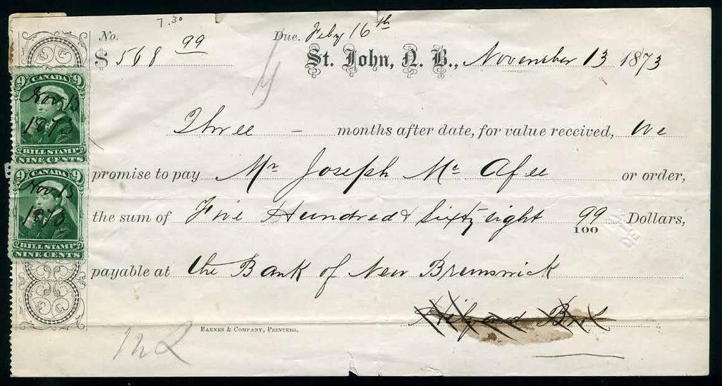 cancel shown at 200% St. John, NB November 13, 1873 promissory note for $568.99.