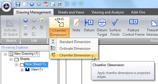 CHAMFER CALLOUTS A new chamfer dimension tool is available from the Dimension dropdown