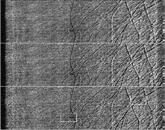 Sonar image si Fig.. Original image (top), wavelet de-noised image (center), and Gaussian filtered image (bottom). Mine-like objects in the original image have been enclosed in white squares.
