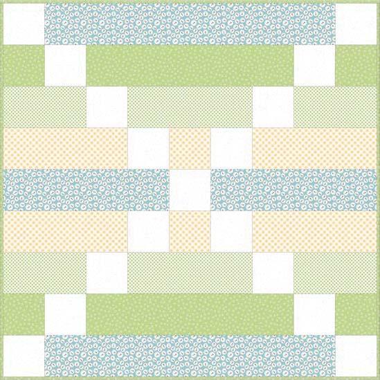 4. Lay out, pin and sew one green 5" x 23" strip, two white 5" squares, and two light green 5" squares, as shown. Press seams toward the green strips. Make two green strip sets. 5. Lay out, pin and sew one blue 5" x 32" strip and two white 5" squares, as shown.