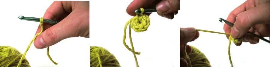 I recommend the sloppy slip knot to avoid creating a hole in the center. To do this, twist the yarn around the hook to begin (a), and crochet as directed.