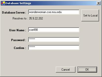 Figure 2.7: Database Settings Datbase Settings -See Figure 2.7 -You can specify were the database is located by specifying the IP address.