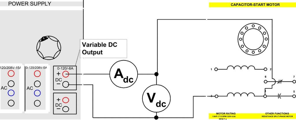 Electric Machines Fundamentals Laboratory 155 Step 10: Turn on the power supply and adjust for exactly 5Vdc as indicated by the voltmeter across the auxiliary winding (terminals 3 and 4).