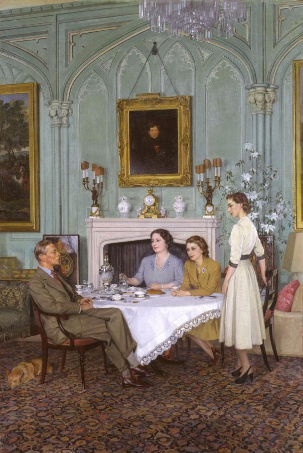 CONVERSATION PIECE AT THE ROYAL LODGE, WINDSOR by Sir James Gunn oil on canvas, 1950 59 1/2 in. x 39 1/2 in.