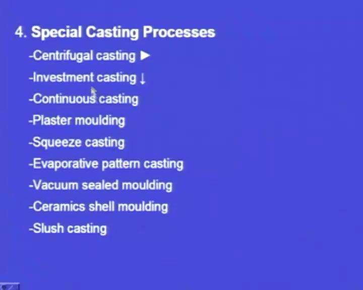(Refer Slide Time: 25:09) So, we have, now we are studying the special casting processes. We have seen the centrifugal casting processes.