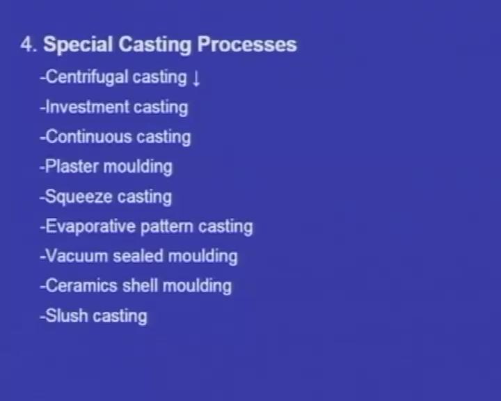 (Refer Slide Time: 08:20) And we have seen different types of special casting processes: One is centrifugal casting; another