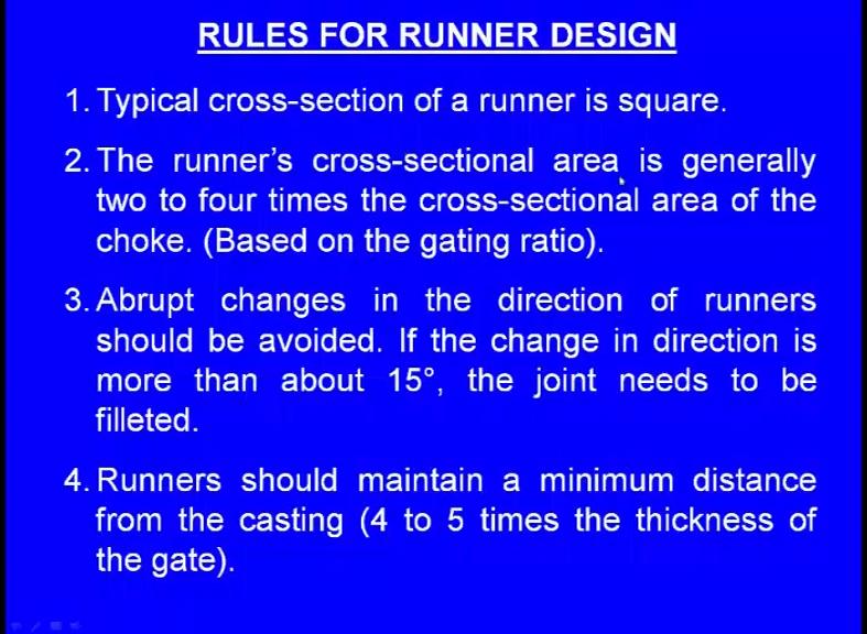 which the molten metal flows from the sprue to the ingate right. It is the horizontal process. So, this is the runner, this much is the runner. Rules for runner design.