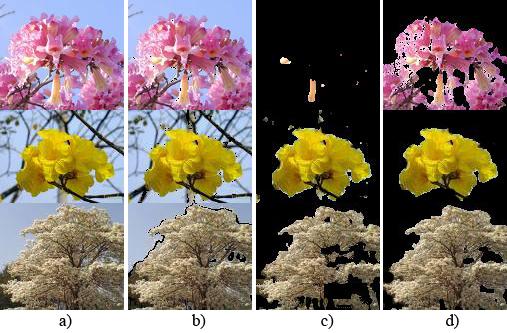 Figure 4. The trumpet flower tree color (pink, golden and angel). a) Original image; b) HSV image; c) YCbCr image; d) HSM image.