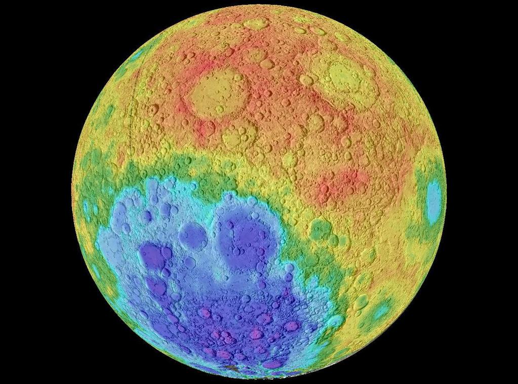 The Moon - The color of the map represents the elevation. The highest points are represented in red.