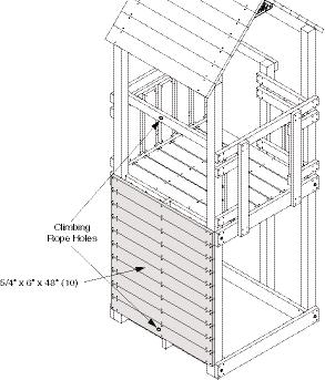 Items for STEP 9: (9) 5/4" x 6" x 24" boards (36) #8 x 2¹ ₂" deck screws Position seven boards on the inside and two boards on the outside of the tower flush with the top and bottom of guardrail