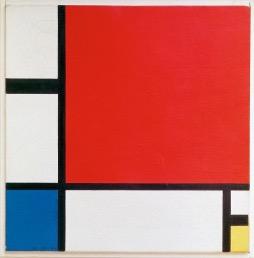 The squares painted on the canvas are not, in fact, geometrically precise, but they create the