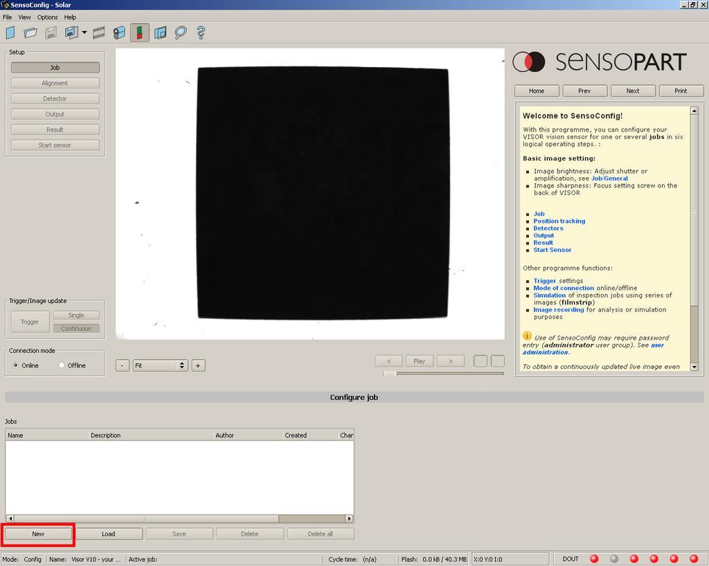 Afterwards a window like this will be shown: Figure 19: Screenshot of an SensoConfig window with a wafer image Press the New button (marked with the red rectangle in Figure 19 ), this will create you
