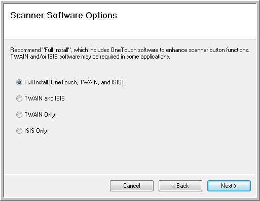 Installation 8. The next window lists the choices of the drivers that you can install for your scanner. 9. Select the option you want. Click Next. Full Install This is the recommended installation.