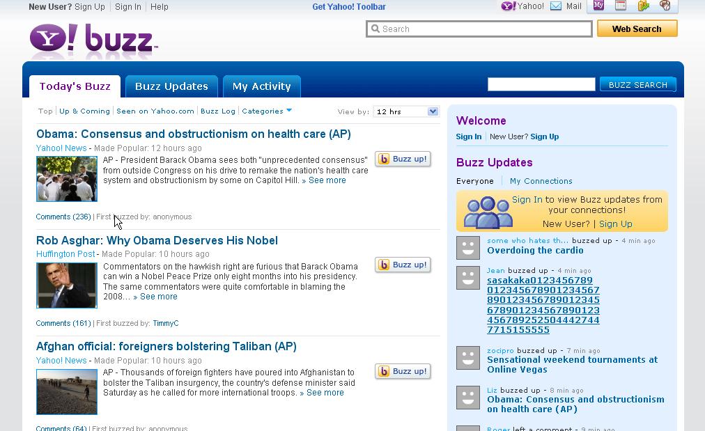 This shows you the top current headlines/articles on Yahoo news. As you can see, the top two articles relate to Obama. In fact, one article is on why Obama deserves the Nobel Peace Prize.