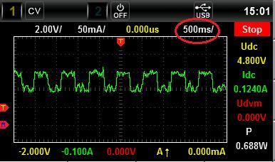 150mA with period 300ms. With time scale adjusted under waveform display mode, the current details or the overall waveform can be easily observed.