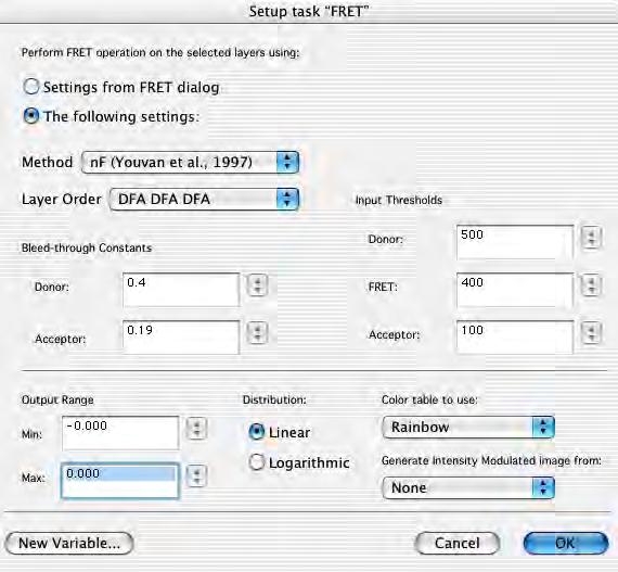 FRET Automator Task The FRET module will add a new task to the automator allowing batch processing of selected layers or generation of FRET images on line, as each set of input images is acquired.