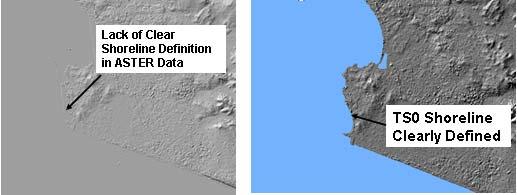 A review of the Peru dataset did not find a situation as extreme as the one shown by the NGA example but some lesser examples were found where the exact position of the shoreline is difficult to