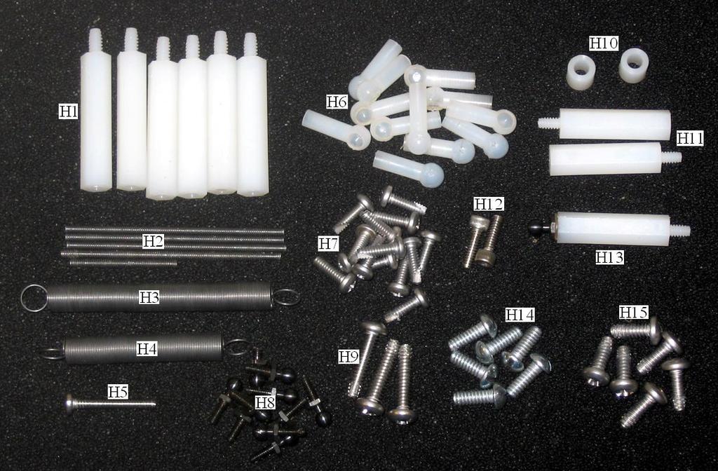Hardware Bag Contents H1 1 1 / 4 6-28 Standoffs H9 5 / 8 6-28 self tapping screws H2 2 and 1 2-56 studs H10 ¼ spacers H3 Long Spring H11 1 4-40 spacers H4 Short Spring H12 3 / 8 4-40 screws H5 3 / 4
