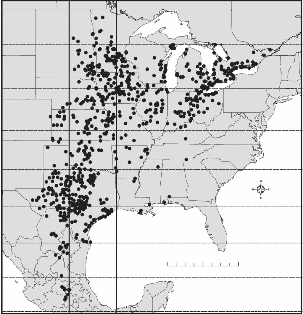 Tracking Fall Migration with Journey North Sightings 9-100 W -94 W 46 N 42 N 38 N 34 N N 26 N 0 1 0 0 kilometers 22 N Figure 18.1. Locations of monarch roost observations submitted to Journey North between 05 and 11.