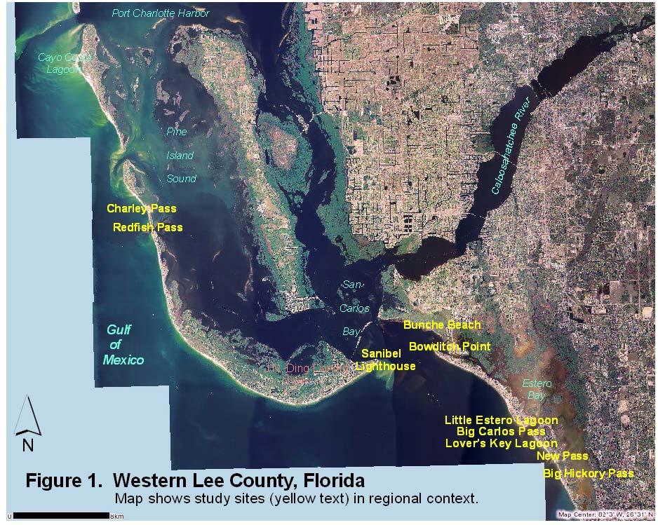 ERDC/EL TR-09-14 5 Figure 1. Lee County Study area. Surveyed sites are in yellow. Therefore, different tide heights and directions were encountered at random at each site.