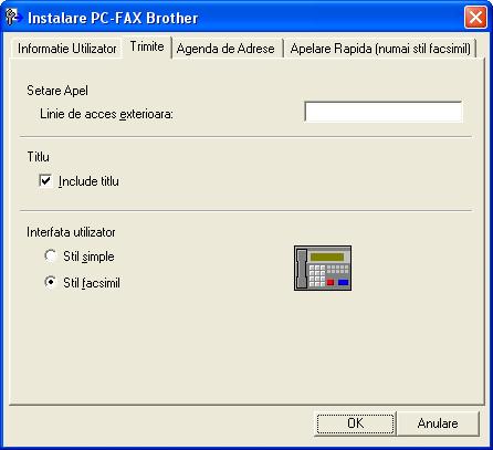Fereastra de dialog Instalare PC-FAX Brother apare: 6 b Introduceţi informaţia pentru a crea antetul faxului şi pagina de introducere. c Executaţi click OK pentru a salva Informatie Utilizator.