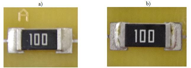 be considered as the crack in solder joint. Testing board includes 20 resistors soldered with Indium SAC305 0603 solder preforms (column A and B on board) and 20 resistors soldered with Indium8.