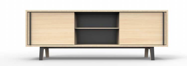 details TOLT CREDENZA Apple Ply case and sliding doors with steel back plate and