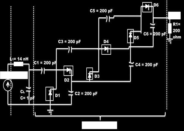 This circuit consists of inductor value of 14 nh and capacitor of 1 pf. Rectifier circuit contains two capacitors and two diodes in every stage.