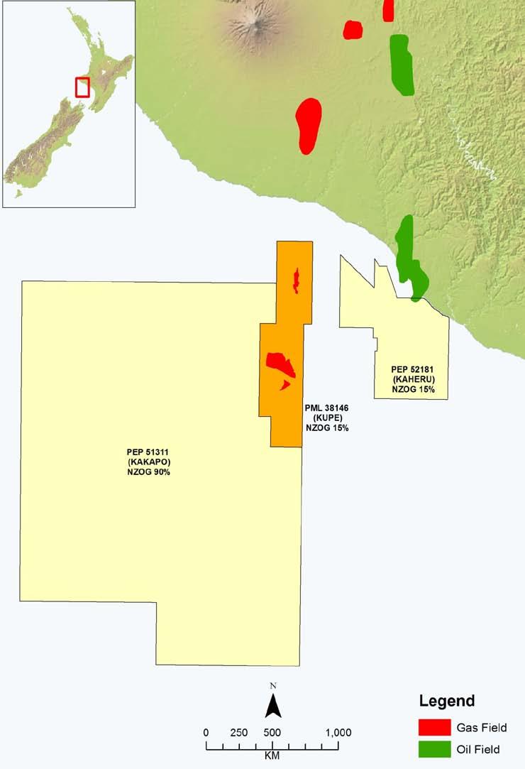 Kaheru 312 km 2 permit in the south Taranaki Basin On trend with oil and gas fields (Rimu, Kauri) and east of the Kupe Gas Field.