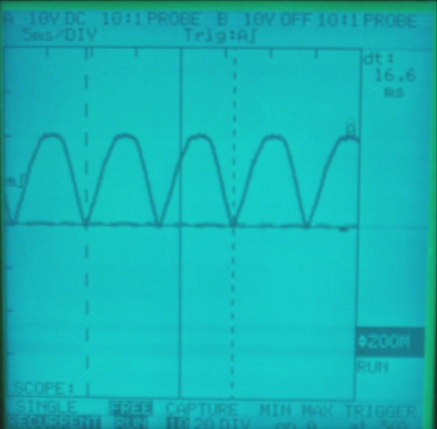 Full Wave DC 14 VAC @1.14A AC + Bridge Rectifier IN Oscilloscope Trace AC 1000 Ohms 20.9 Volts Peak (22.3V 1.4V) 6.8 Volts AC RMS 13.