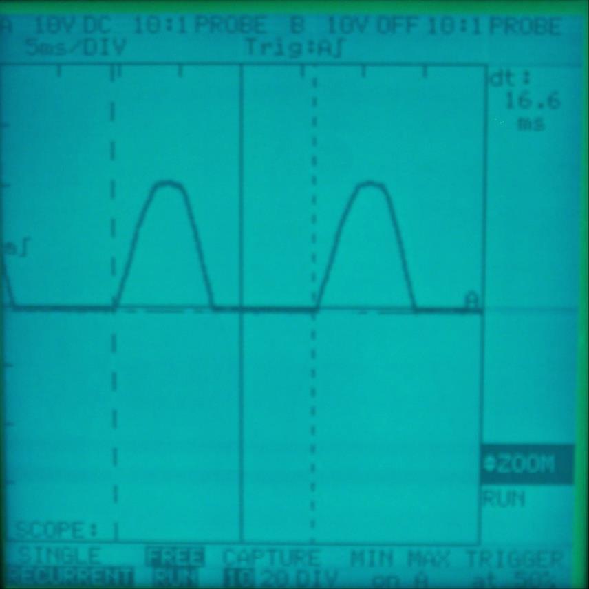 Half Wave DC 0.7V + IN Oscilloscope Trace 120 VAC 14 VAC @1.14A 1000 Ohms GND 21.6 Volts Peak (22.3V - 0.7V) 8.3 Volts AC RMS 6.